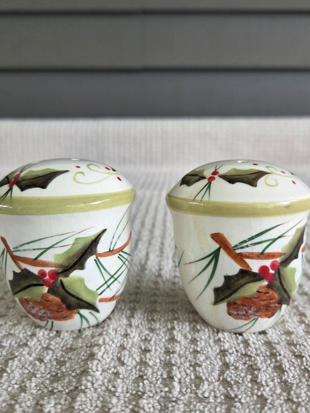 Holiday Salt and Pepper Shakers Holly Berries Pinecones Hand Painted Ceramic